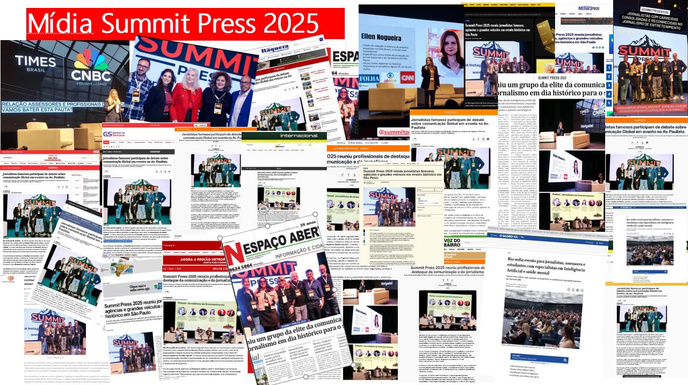 Mosaico de matérias publicadas na imprensa sobre o Summit Press 2025